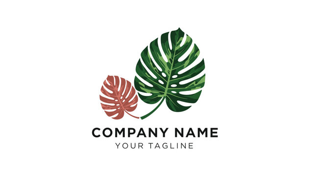 Minimalist logo design featuring two detailed monstera leaves in green and brown colors with customizable text area.
