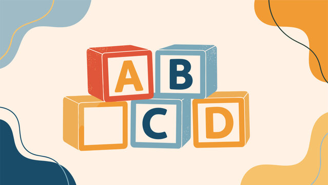 Colorful alphabet blocks showing the letters A, B, C, and D are arranged on a playful background with abstract shapes.