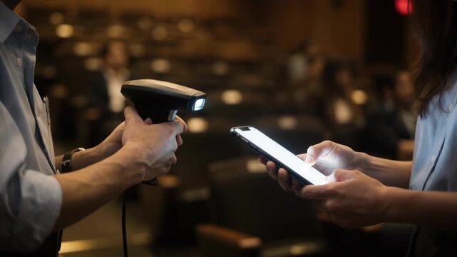 Closeup of ticketing staff scanning digital tickets for a regular show focusing on the interaction with a visitor in softfocus auditorium setting.
