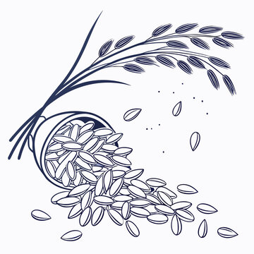 Scattered rice grains with bowl and plant