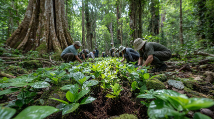 Team of conservationists planting young trees in a lush, vibrant rainforest ecosystem