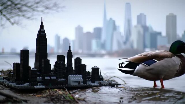 A mallard duck examines a miniature skyscraper model by the water's edge.