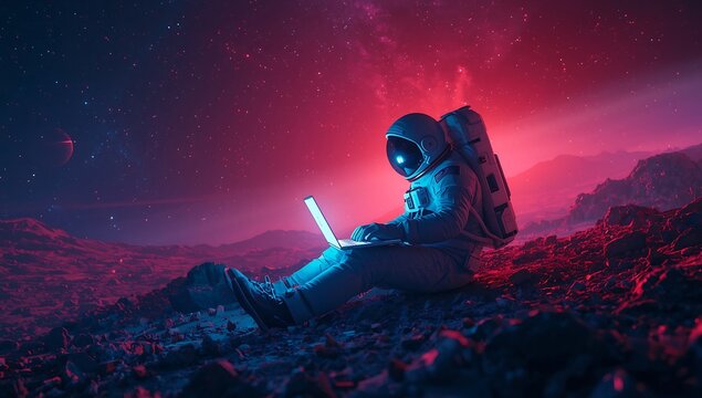 An astronaut sits on a rocky surface in a spacesuit using a glowing laptop under a vibrant pink and purple starry night sky