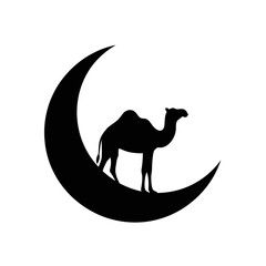 A striking black silhouette of a desert camel standing gracefully on a crescent moon, evoking themes of Arabian nights, travel, and mystical desert landscapes © adobe