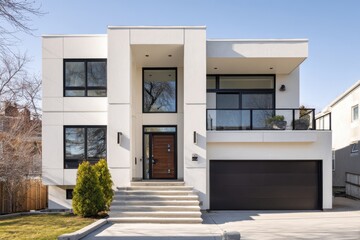 Fototapeta premium A contemporary house featuring expansive windows and a stylish design is nestled in a tranquil neighborhood, basking in the warmth of a sunny day