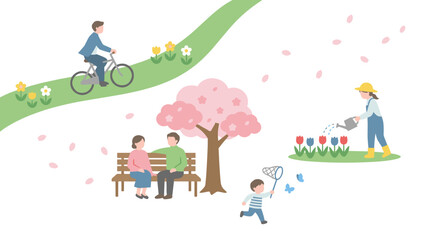 Obraz premium People enjoying various outdoor activities in a vibrant spring park with cherry blossoms, cycling, gardening, and butterfly catching.