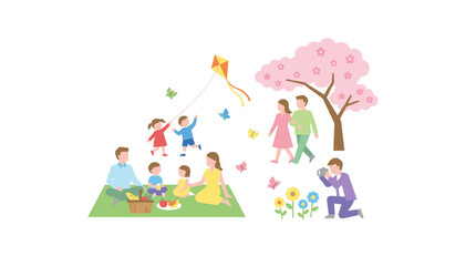 Obraz premium A vibrant illustration of families enjoying various outdoor activities in a park during springtime, including a picnic, kite flying, and photography.
