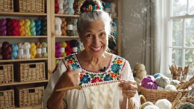 Elderly Hispanic woman knitting with wooden needles, showcasing intricate patterns in a cozy craft room filled with colorful yarn and woven baskets