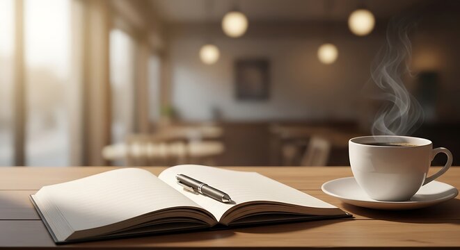 Coffee Cup and Open Notebook on Table.