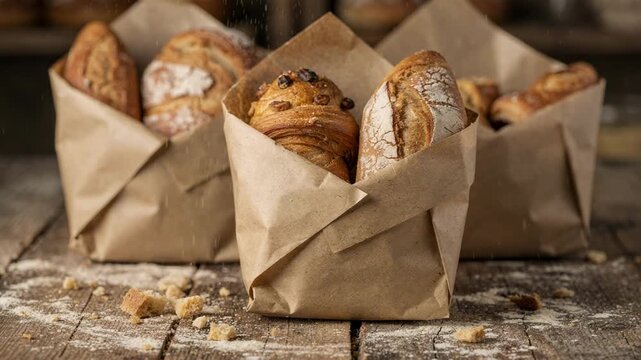Medium shot of bakery wraps made from compostable paper delicately holding artisanal bread and pastries emphasizing sustainable packaging in a rustic setting.