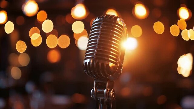 Live music performance at a local bar with a vintage microphone on stage under warm lights