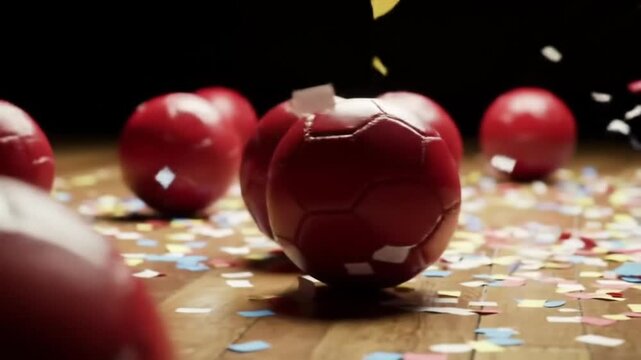 Red balls roll on a wooden surface, a new ball drops from above.