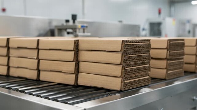 Medium shot showing full flap cartons arranged in uniform stacks postproduction highlighting the secure closure design in a clean manufacturing environment.
