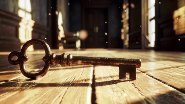 Antique skeleton key rests on a wooden floor with dust particles in the air.