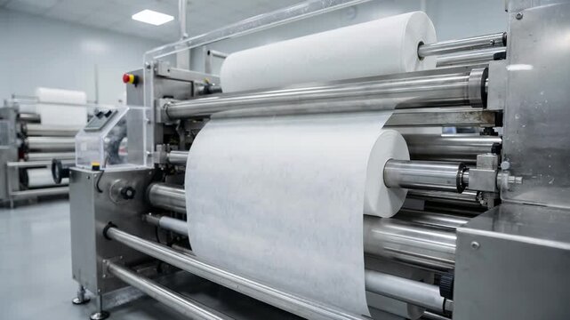Medium shot of automated toilet tissue line showing white tissue logs unwinding and embossing with clean hygienic manufacturing environment.