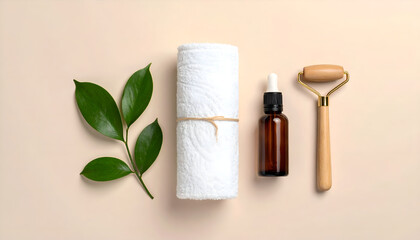 Obraz premium Spa essentials with white rolled towel.