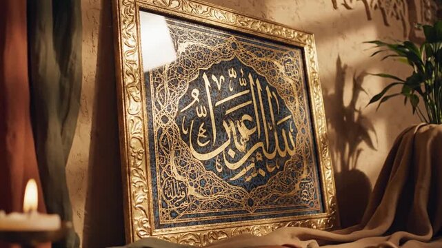 Ornate arabic calligraphy artwork in warmly lit alcove with draped fabrics