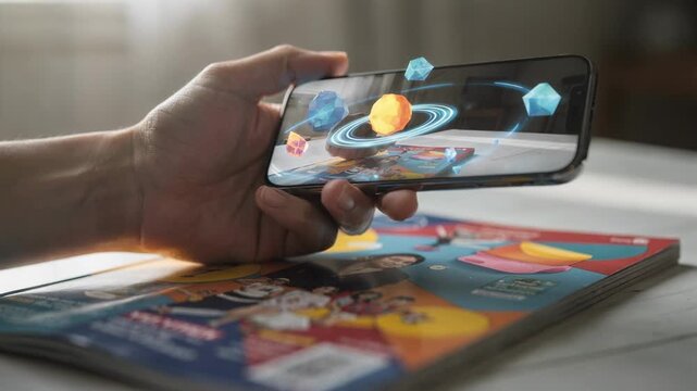 Medium shot of a readers hand holding a smartphone over a colorful magazine cover triggering dynamic augmented reality animations that pop on screen with blurred background.