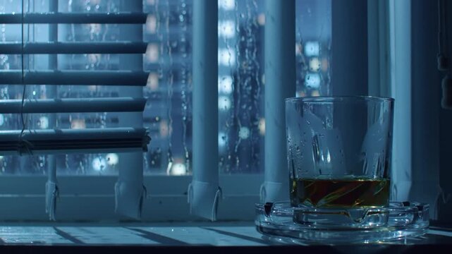 A glass of amber liquid sits on an ashtray by a window on a rainy night.