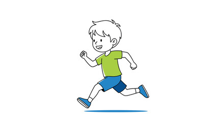 Fototapeta premium Energetic young boy with a cheerful expression, running dynamically with arms and legs in motion, illustrating active play and childhood vitality.