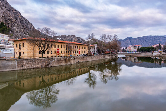 Old Ottoman houses panoramic view by the Yesilirmak River in Amasya City. Amasya is populer tourist destination in Turkey.