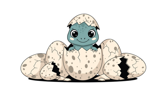 Adorable baby dinosaur hatching from a cracked egg, surrounded by other broken dinosaur eggs, depicting new life and prehistoric charm.