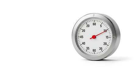 Modern silver kitchen timer with white dial and red second hand displaying twenty seconds on white background