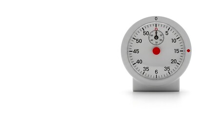 Naklejka premium Modern kitchen timer with white face and red accents on a simple stand on white background
