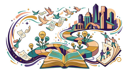 Obraz premium Open Book, People & Idea Lightbulbs on Path, Birds Flying Scrolls representing Creativity, Knowledge, Copyright in Modern Flat Design Muted Vector Outline Art.