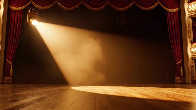 A theater stage is illuminated by a spotlight, with red curtains on either side