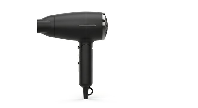 Modern black hair dryer with sleek design and silver accents standing upright on white background