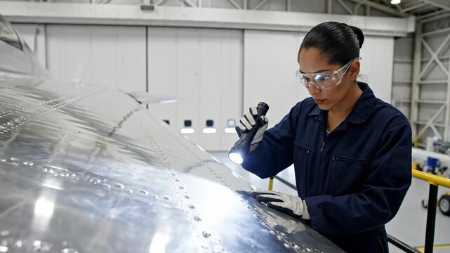 Asian female aircraft technician inspects airplane fuselage with flashlight, examining metal surface for defects in a well-lit hangar environment