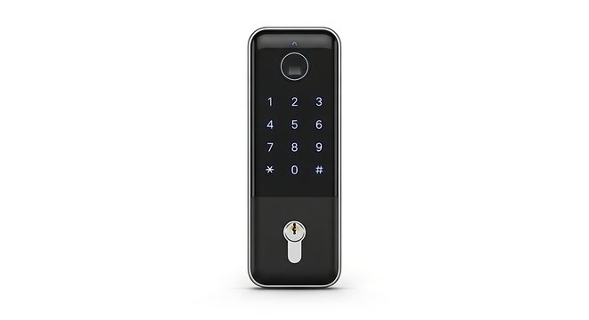 Modern digital door lock with keypad and biometric scanner on sleek black design with silver accents on white background