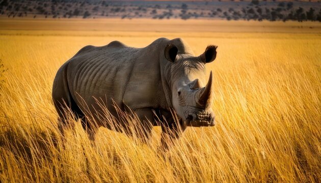Majestic rhinoceros standing tall in the golden African savanna.