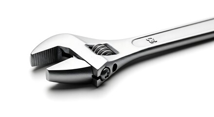 Adjustable chrome plated spanner with long handle and adjustable jaws for gripping various sizes on white background