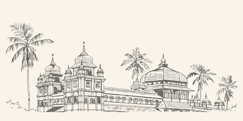Detailed sketch of an ornate temple complex framed by palm trees © Milton