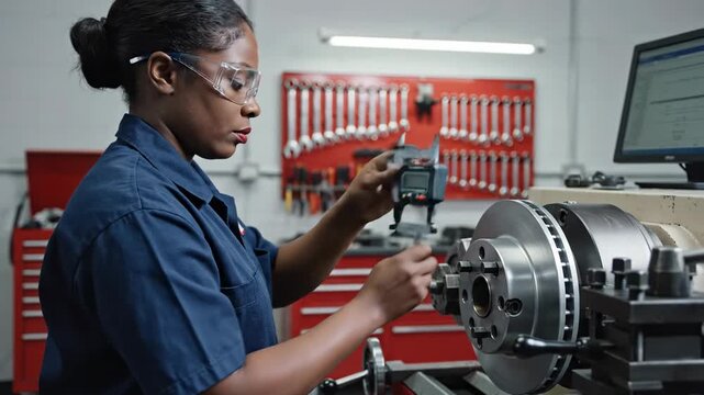 African American female technician measures precision components using calipers in a workshop filled with tools and equipment, showcasing a focused work environment