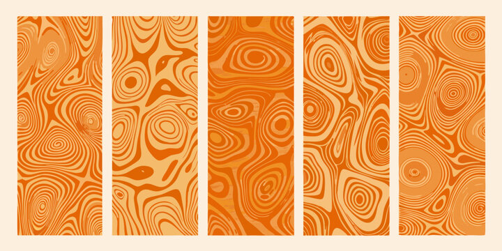 Abstract orange patterns resembling wood grain in vertical panels