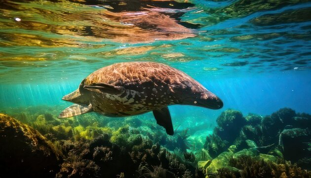 Sea turtle gracefully swimming underwater in a vibrant coral reef.