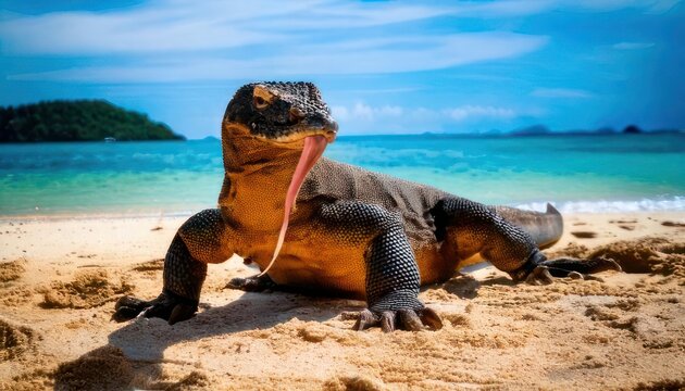 Komodo dragon basking on a sandy beach with blue ocean backdrop.
