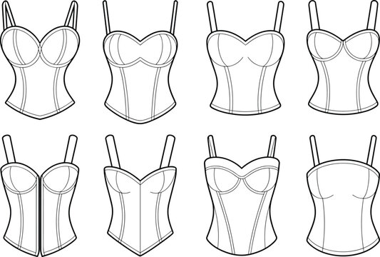 Set of technical fashion sketches featuring various corset top designs and bustier styles for womenswear apparel manufacturing isolated vector illustration templates for design mockups.