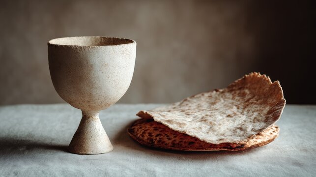 Ceramic chalice and torn flatbread on stone surface