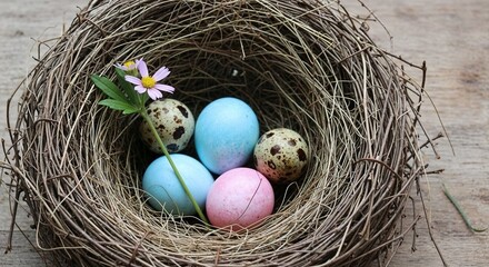 Obraz premium Colorful Easter eggs in a nest with flower on wooden surface 