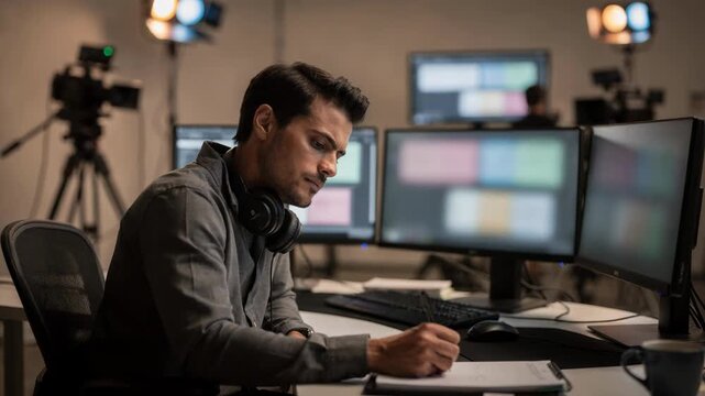 Team member coordinating broadcastready episode delivery for timely weekly releases with a blurred studio environment in the background.