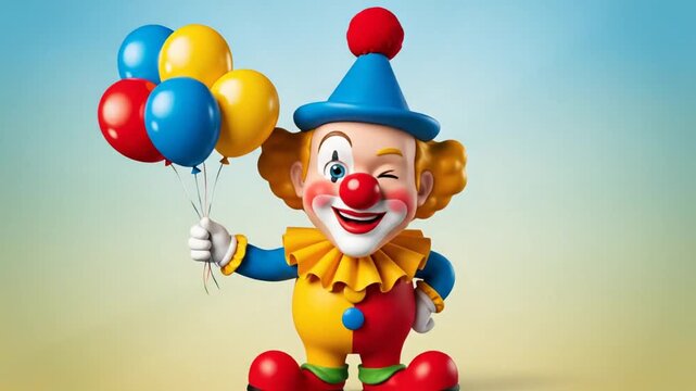 A vibrant, smiling clown waving in a cartoon-style illustration, with bright primary color clothing