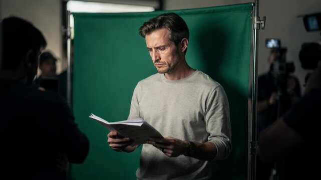 Medium frame of an actor rehearsing lines on a compact green screen panel set featuring focused expressions and indistinct shadows of camera crew in the background.