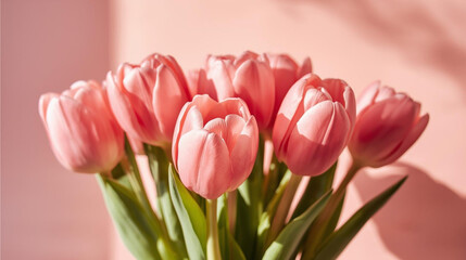 Obraz premium beautiful pink tulips on pink background close up aesthetic background ai