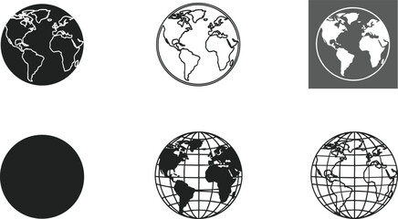 Globe icon set, earth world map silhouettes, planet sphere symbols, geography and travel line art, global network web design elements, © Empowerment angle 