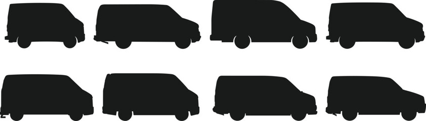 Collection of Delivery Van Silhouettes in Different Side Views Isolated on White Background for Transport and Logistics Design © MstRotna