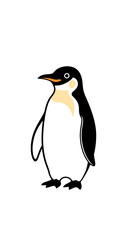 Fototapeta premium A charming cartoon illustration of a single Emperor penguin standing upright against a plain white background, showcasing its distinctive black and white plumage and yellow ear patches.